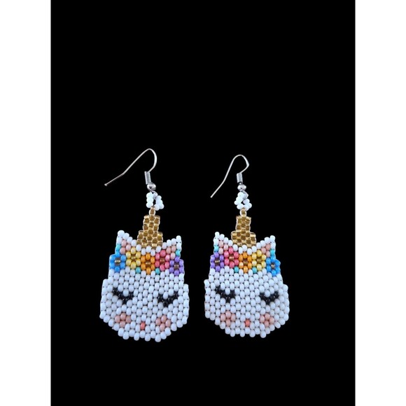 Native American Style Unicorn Beaded Earrings - Picture 1 of 2